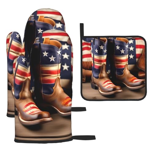 American Flag with Cowboy Boots Oven Mitts and Pot Holders Setâ€“Ultimate Heat Resistant Set for Kitchen and Dining