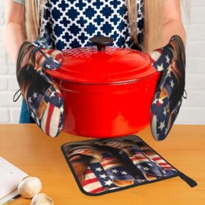 American Flag with Cowboy Boots Oven Mitts and Pot Holders Setâ€“Ultimate Heat Resistant Set for Kitchen and Dining