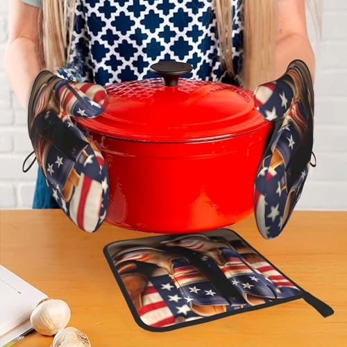 American Flag with Cowboy Boots Oven Mitts and Pot Holders Setâ€“Ultimate Heat Resistant Set for Kitchen and Dining