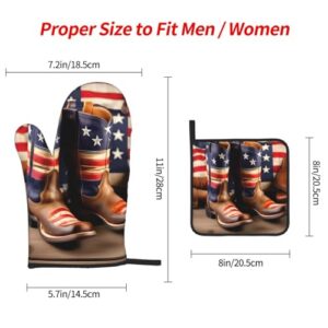 American Flag with Cowboy Boots Oven Mitts and Pot Holders Setâ€“Ultimate Heat Resistant Set for Kitchen and Dining