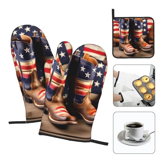 American Flag with Cowboy Boots Oven Mitts and Pot Holders Setâ€“Ultimate Heat Resistant Set for Kitchen and Dining