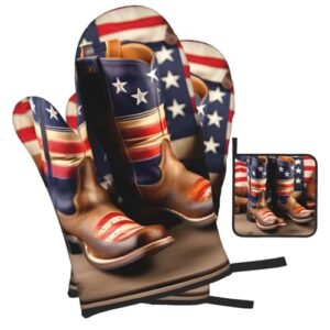 American Flag with Cowboy Boots Oven Mitts and Pot Holders Setâ€“Ultimate Heat Resistant Set for Kitchen and Dining