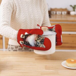 Cute Cat Printed Oven Mitts and Pot Holders Sets Heat Resistant Kitchen Oven Gloves Potholders Set Extra Long Non-Slip Silicone Gloves for Cooking Baking BBQ