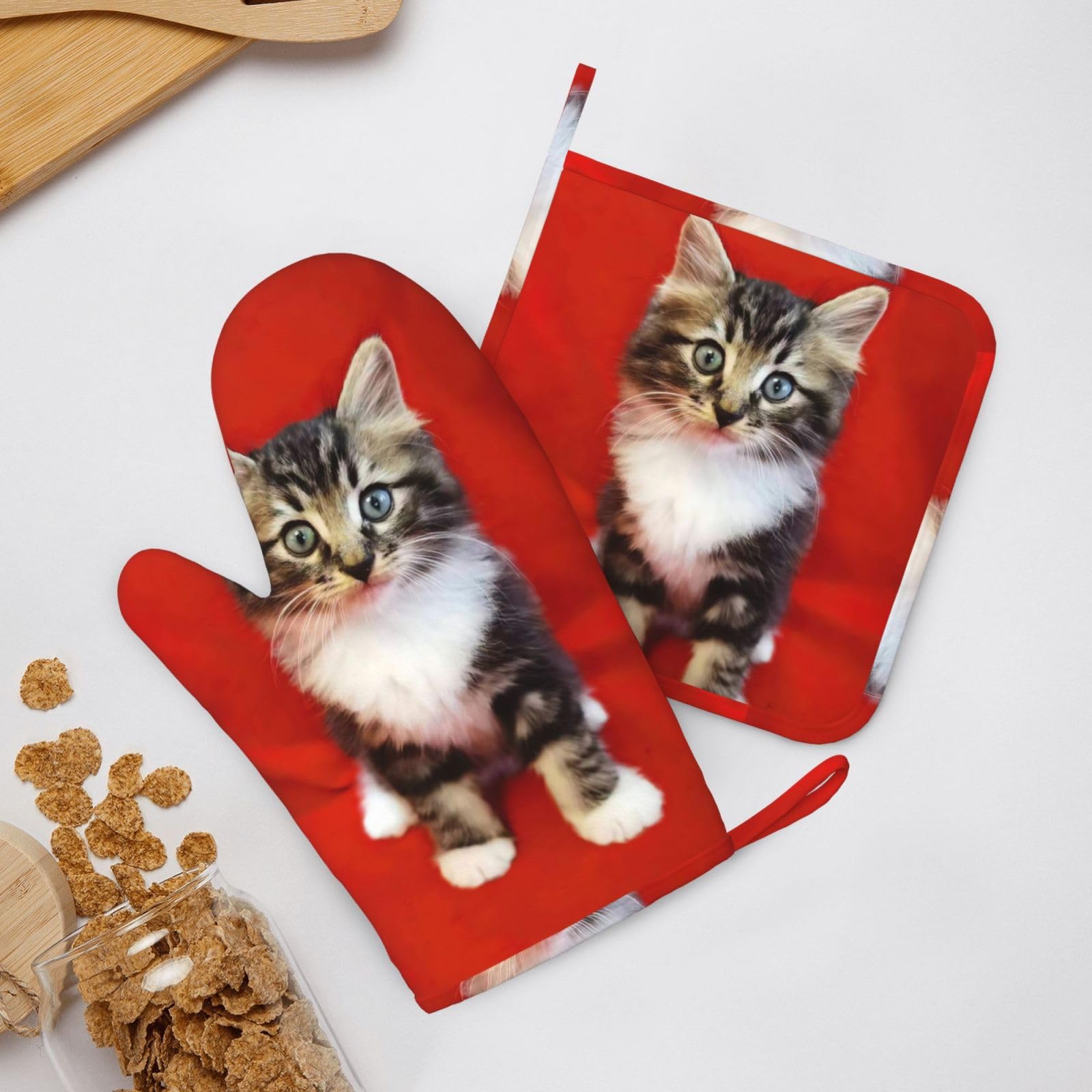 Cute Cat Printed Oven Mitts and Pot Holders Sets Heat Resistant Kitchen Oven Gloves Potholders Set Extra Long Non-Slip Silicone Gloves for Cooking Baking BBQ