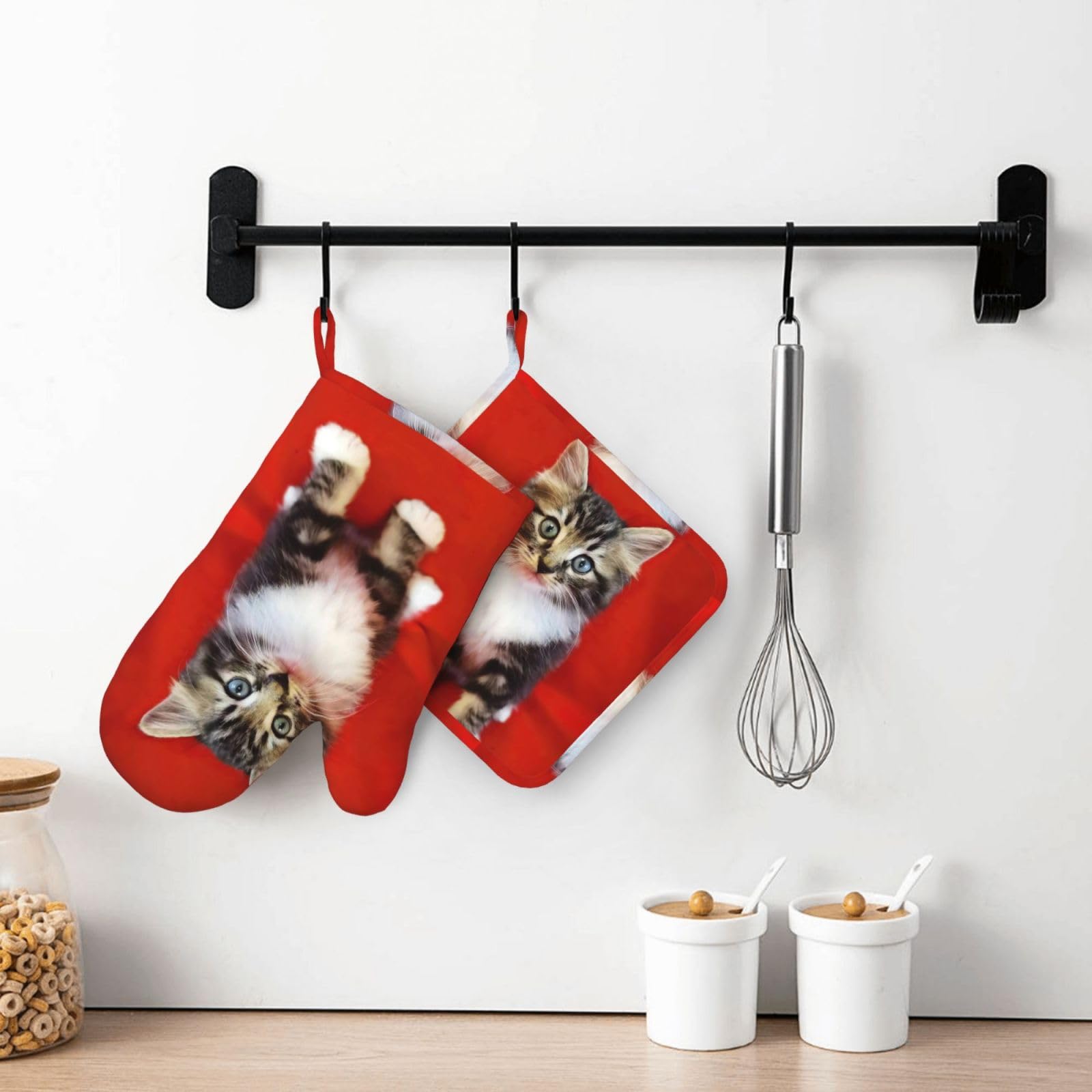 Cute Cat Printed Oven Mitts and Pot Holders Sets Heat Resistant Kitchen Oven Gloves Potholders Set Extra Long Non-Slip Silicone Gloves for Cooking Baking BBQ