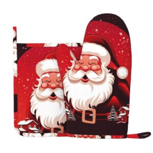 santa claus christmas printed oven mitts and pot holders sets heat resistant kitchen oven gloves potholders set extra long non-slip silicone gloves for cooking baking bbq