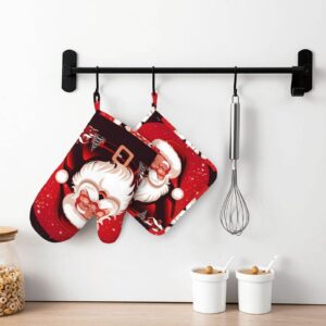 Santa Claus Christmas Printed Oven Mitts and Pot Holders Sets Heat Resistant Kitchen Oven Gloves Potholders Set Extra Long Non-Slip Silicone Gloves for Cooking Baking BBQ
