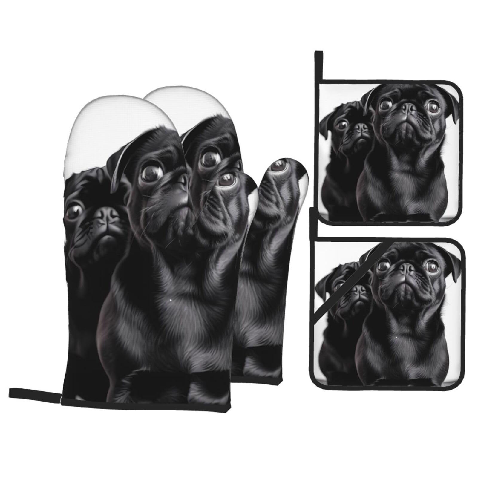 Oven Mitts and Pot Holders Set of 4 Cute Black Pug Dog Print Kitchen Oven Glove Fashion Heat Resistant Oven Gloves Set for BBQ Grill Baking Cooking Oven Microwave