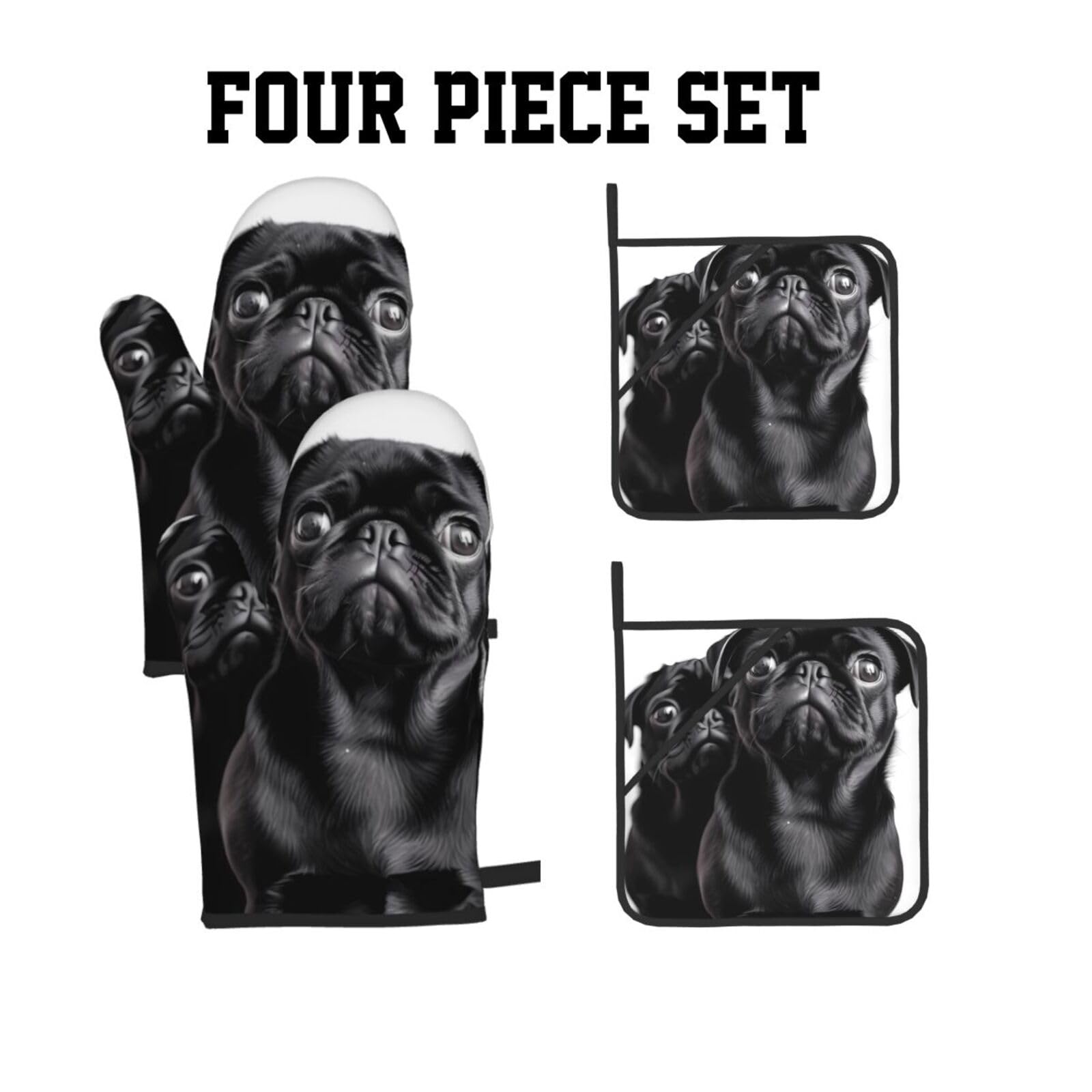 Oven Mitts and Pot Holders Set of 4 Cute Black Pug Dog Print Kitchen Oven Glove Fashion Heat Resistant Oven Gloves Set for BBQ Grill Baking Cooking Oven Microwave