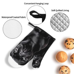 Oven Mitts and Pot Holders Set of 4 Cute Black Pug Dog Print Kitchen Oven Glove Fashion Heat Resistant Oven Gloves Set for BBQ Grill Baking Cooking Oven Microwave