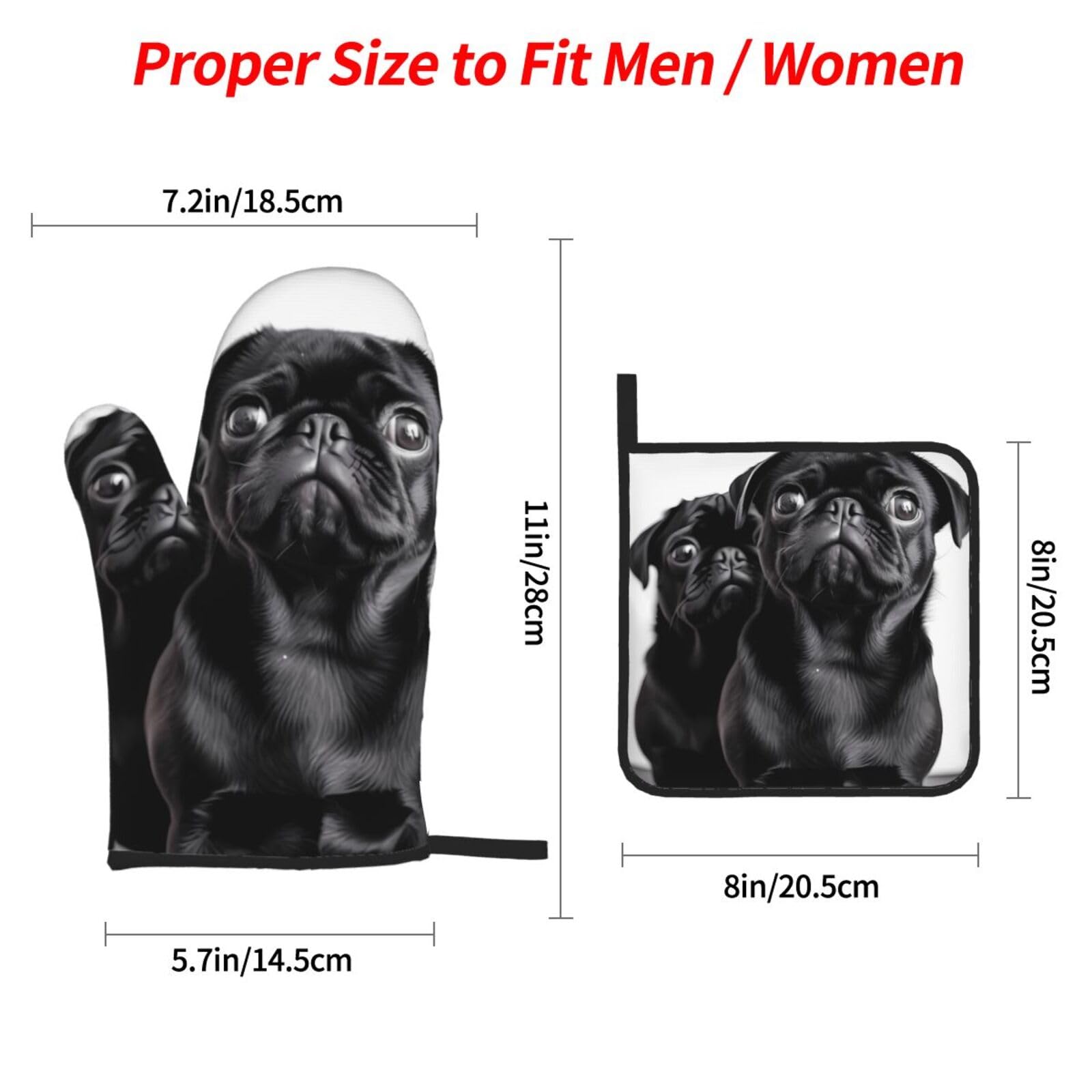Oven Mitts and Pot Holders Set of 4 Cute Black Pug Dog Print Kitchen Oven Glove Fashion Heat Resistant Oven Gloves Set for BBQ Grill Baking Cooking Oven Microwave
