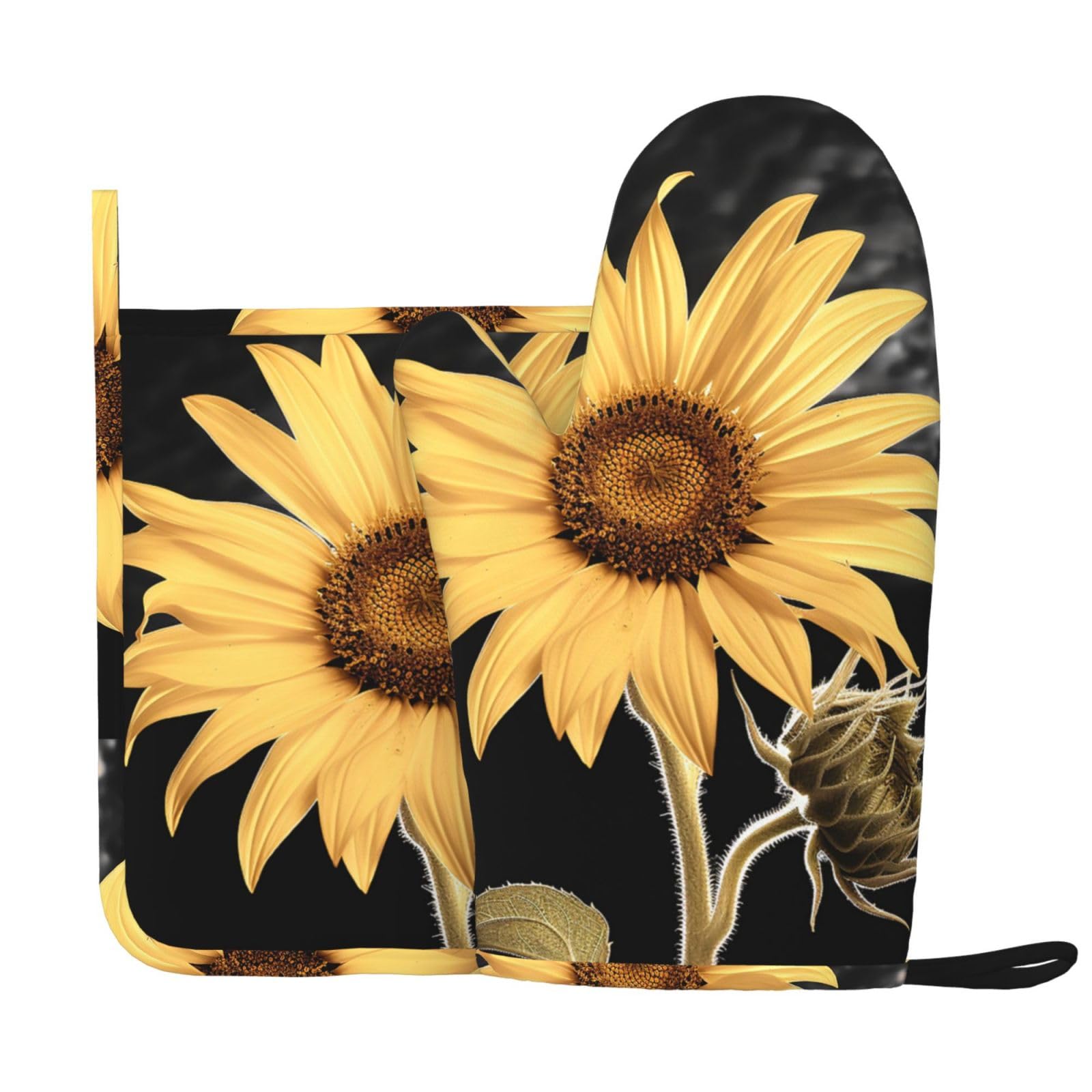 Sunflower Printed Oven Mitts and Pot Holders Sets Heat Resistant Kitchen Oven Gloves Potholders Set Extra Long Non-Slip Silicone Gloves for Cooking Baking BBQ