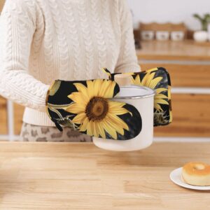 Sunflower Printed Oven Mitts and Pot Holders Sets Heat Resistant Kitchen Oven Gloves Potholders Set Extra Long Non-Slip Silicone Gloves for Cooking Baking BBQ