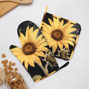 Sunflower Printed Oven Mitts and Pot Holders Sets Heat Resistant Kitchen Oven Gloves Potholders Set Extra Long Non-Slip Silicone Gloves for Cooking Baking BBQ