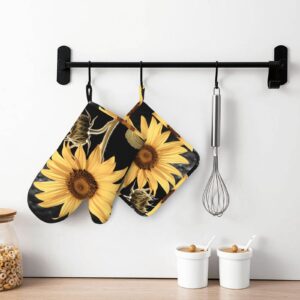 Sunflower Printed Oven Mitts and Pot Holders Sets Heat Resistant Kitchen Oven Gloves Potholders Set Extra Long Non-Slip Silicone Gloves for Cooking Baking BBQ