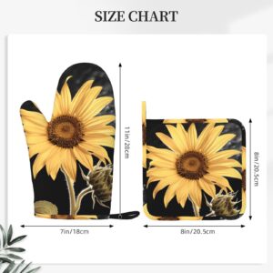 Sunflower Printed Oven Mitts and Pot Holders Sets Heat Resistant Kitchen Oven Gloves Potholders Set Extra Long Non-Slip Silicone Gloves for Cooking Baking BBQ