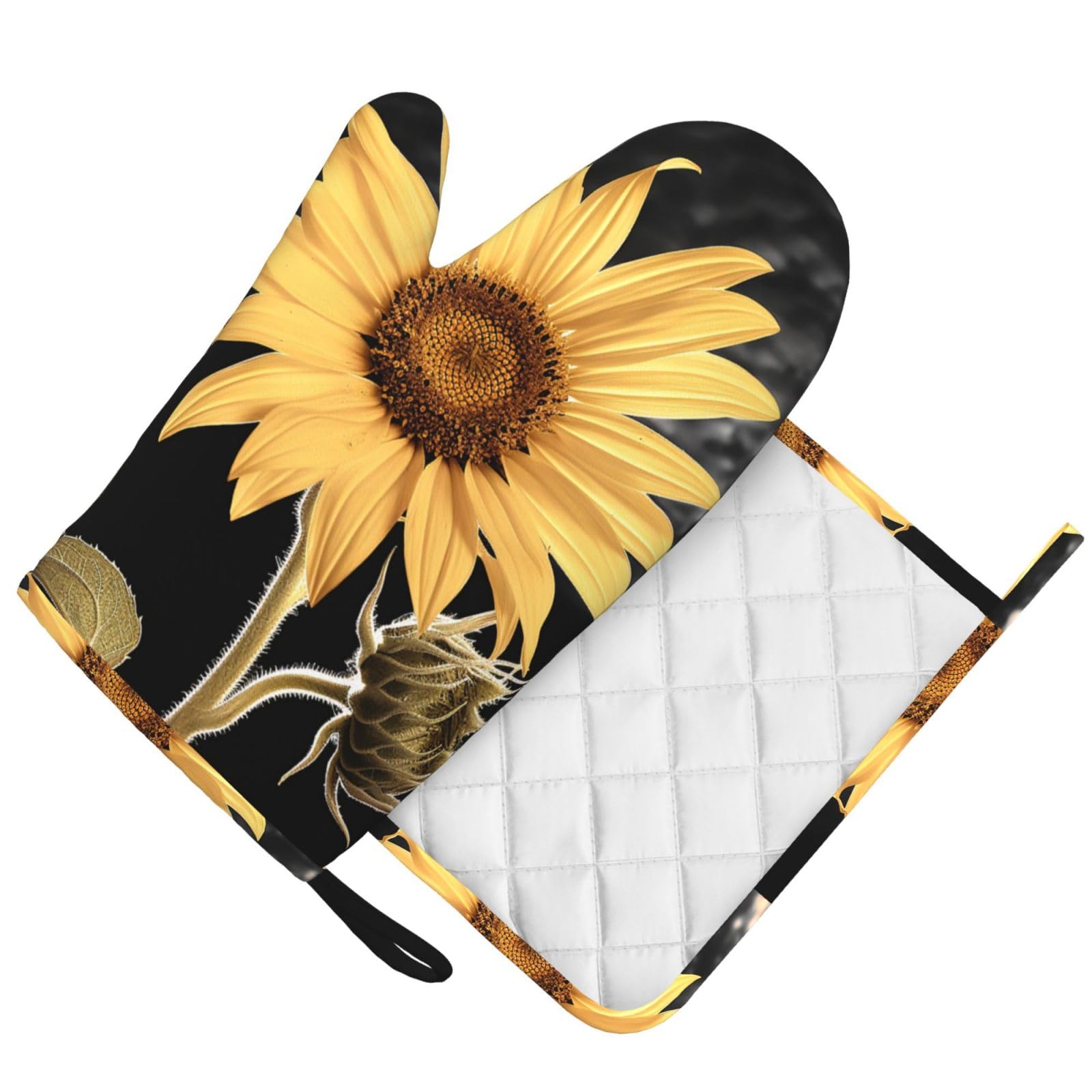 Sunflower Printed Oven Mitts and Pot Holders Sets Heat Resistant Kitchen Oven Gloves Potholders Set Extra Long Non-Slip Silicone Gloves for Cooking Baking BBQ