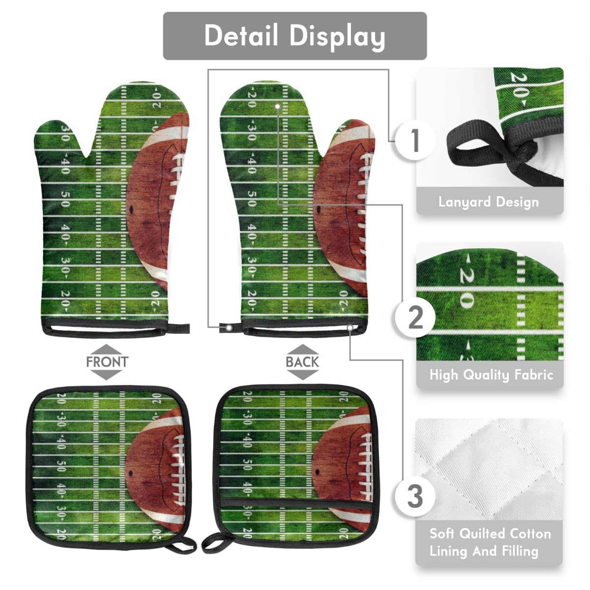 American Football Field Oven Mitts and Pot Holders Sets Heat Resistant Non Slip Oven Glove and Insulated Kitchen Counter Mat Suitable for Cooking Baking Grill