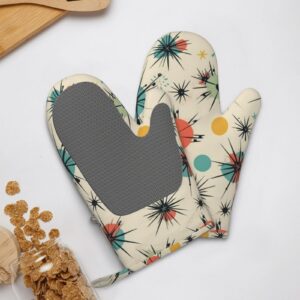 Atomic Stars Retro Pattern Printed Oven Mitts Heat Resistant Oven Gloves Non-Slip Silicone Kitchen Gloves for Cooking Baking BBQ Gloves 1 Pair