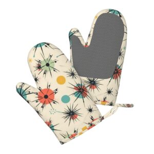 Atomic Stars Retro Pattern Printed Oven Mitts Heat Resistant Oven Gloves Non-Slip Silicone Kitchen Gloves for Cooking Baking BBQ Gloves 1 Pair