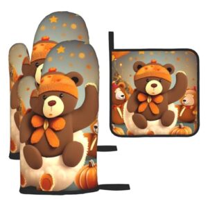 Dancing Thanksgiving Bear Oven Mitts and Pot Holders Setâ€“Ultimate Heat Resistant Set for Kitchen and Dining