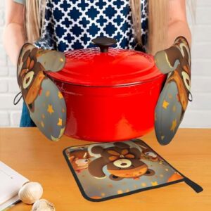 Dancing Thanksgiving Bear Oven Mitts and Pot Holders Setâ€“Ultimate Heat Resistant Set for Kitchen and Dining