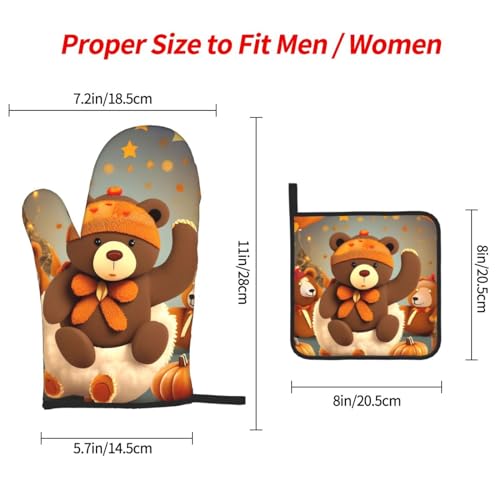 Dancing Thanksgiving Bear Oven Mitts and Pot Holders Setâ€“Ultimate Heat Resistant Set for Kitchen and Dining
