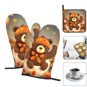Dancing Thanksgiving Bear Oven Mitts and Pot Holders Setâ€“Ultimate Heat Resistant Set for Kitchen and Dining