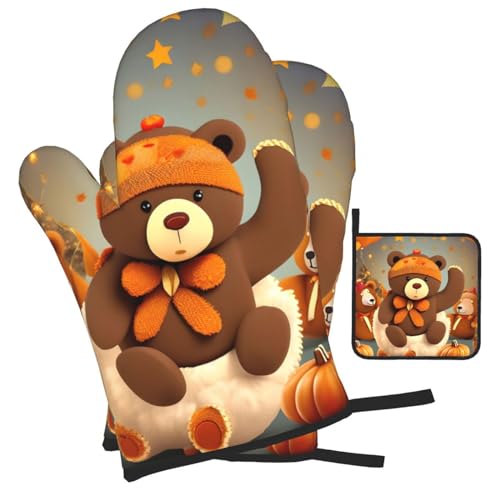 Dancing Thanksgiving Bear Oven Mitts and Pot Holders Setâ€“Ultimate Heat Resistant Set for Kitchen and Dining