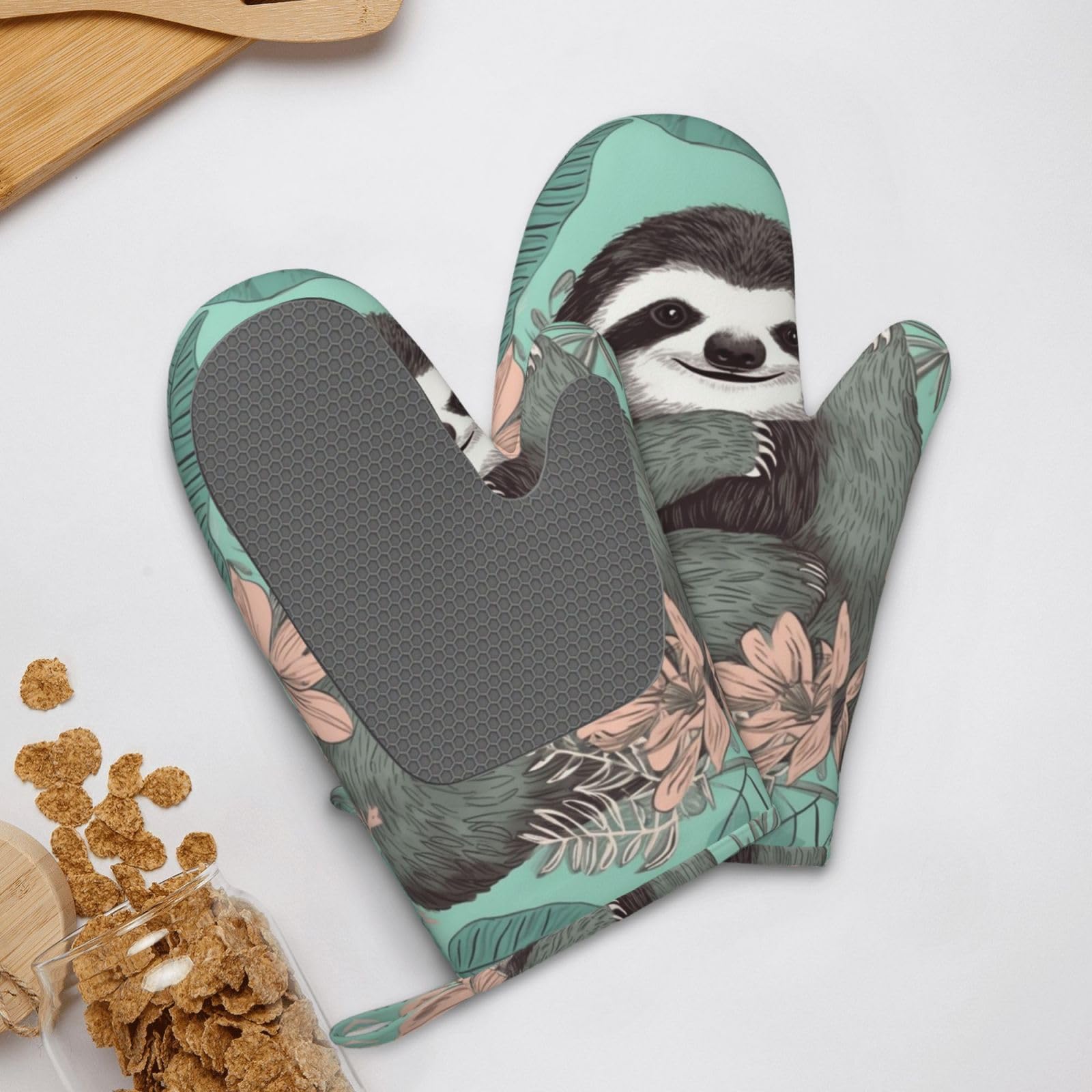 Animal Sloth Mint Green Printed Oven Mitts Heat Resistant Oven Gloves Non-Slip Silicone Kitchen Gloves for Cooking Baking BBQ Gloves 1 Pair