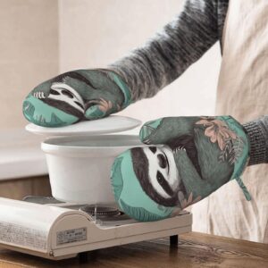 Animal Sloth Mint Green Printed Oven Mitts Heat Resistant Oven Gloves Non-Slip Silicone Kitchen Gloves for Cooking Baking BBQ Gloves 1 Pair