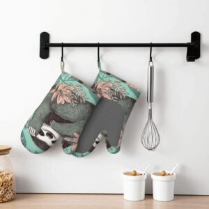 Animal Sloth Mint Green Printed Oven Mitts Heat Resistant Oven Gloves Non-Slip Silicone Kitchen Gloves for Cooking Baking BBQ Gloves 1 Pair