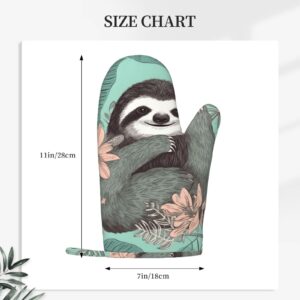 Animal Sloth Mint Green Printed Oven Mitts Heat Resistant Oven Gloves Non-Slip Silicone Kitchen Gloves for Cooking Baking BBQ Gloves 1 Pair