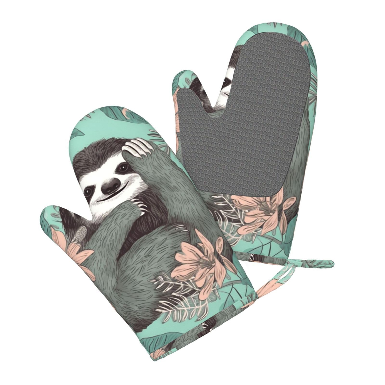 Animal Sloth Mint Green Printed Oven Mitts Heat Resistant Oven Gloves Non-Slip Silicone Kitchen Gloves for Cooking Baking BBQ Gloves 1 Pair