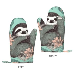 Animal Sloth Mint Green Printed Oven Mitts Heat Resistant Oven Gloves Non-Slip Silicone Kitchen Gloves for Cooking Baking BBQ Gloves 1 Pair