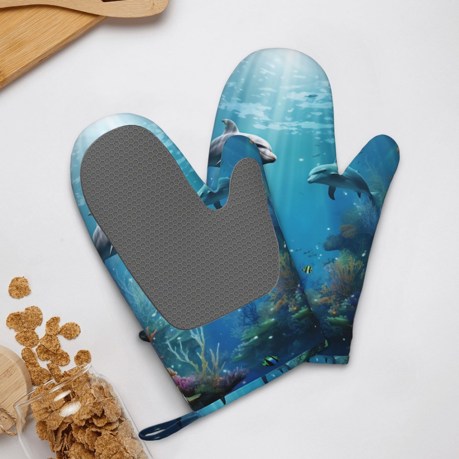 Blue Ocean Underwater Fish Printed Oven Mitts Heat Resistant Oven Gloves Non-Slip Silicone Kitchen Gloves for Cooking Baking BBQ Gloves 1 Pair