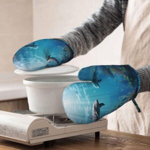 Blue Ocean Underwater Fish Printed Oven Mitts Heat Resistant Oven Gloves Non-Slip Silicone Kitchen Gloves for Cooking Baking BBQ Gloves 1 Pair