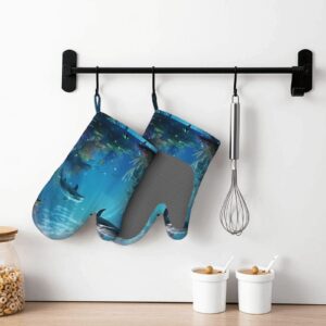 Blue Ocean Underwater Fish Printed Oven Mitts Heat Resistant Oven Gloves Non-Slip Silicone Kitchen Gloves for Cooking Baking BBQ Gloves 1 Pair