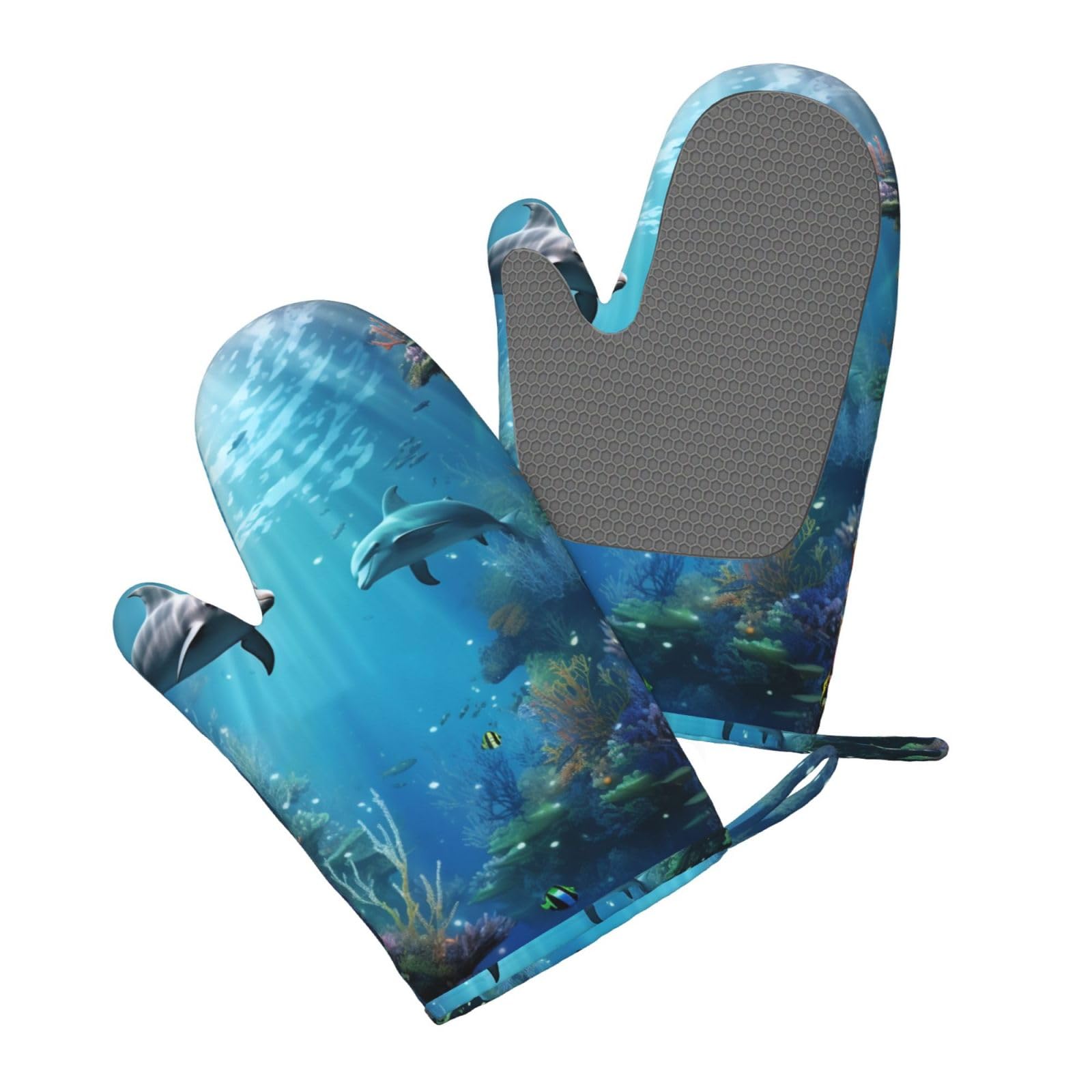 Blue Ocean Underwater Fish Printed Oven Mitts Heat Resistant Oven Gloves Non-Slip Silicone Kitchen Gloves for Cooking Baking BBQ Gloves 1 Pair