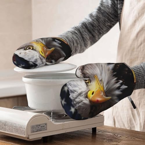 America Flag and Eagle Printed Oven Mitts Heat Resistant Oven Gloves Non-Slip Silicone Kitchen Gloves for Cooking Baking BBQ Gloves 1 Pair