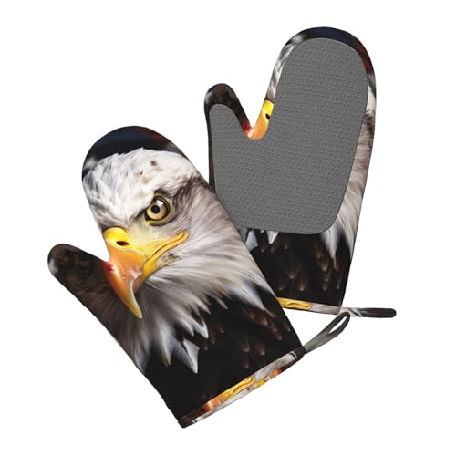 America Flag and Eagle Printed Oven Mitts Heat Resistant Oven Gloves Non-Slip Silicone Kitchen Gloves for Cooking Baking BBQ Gloves 1 Pair