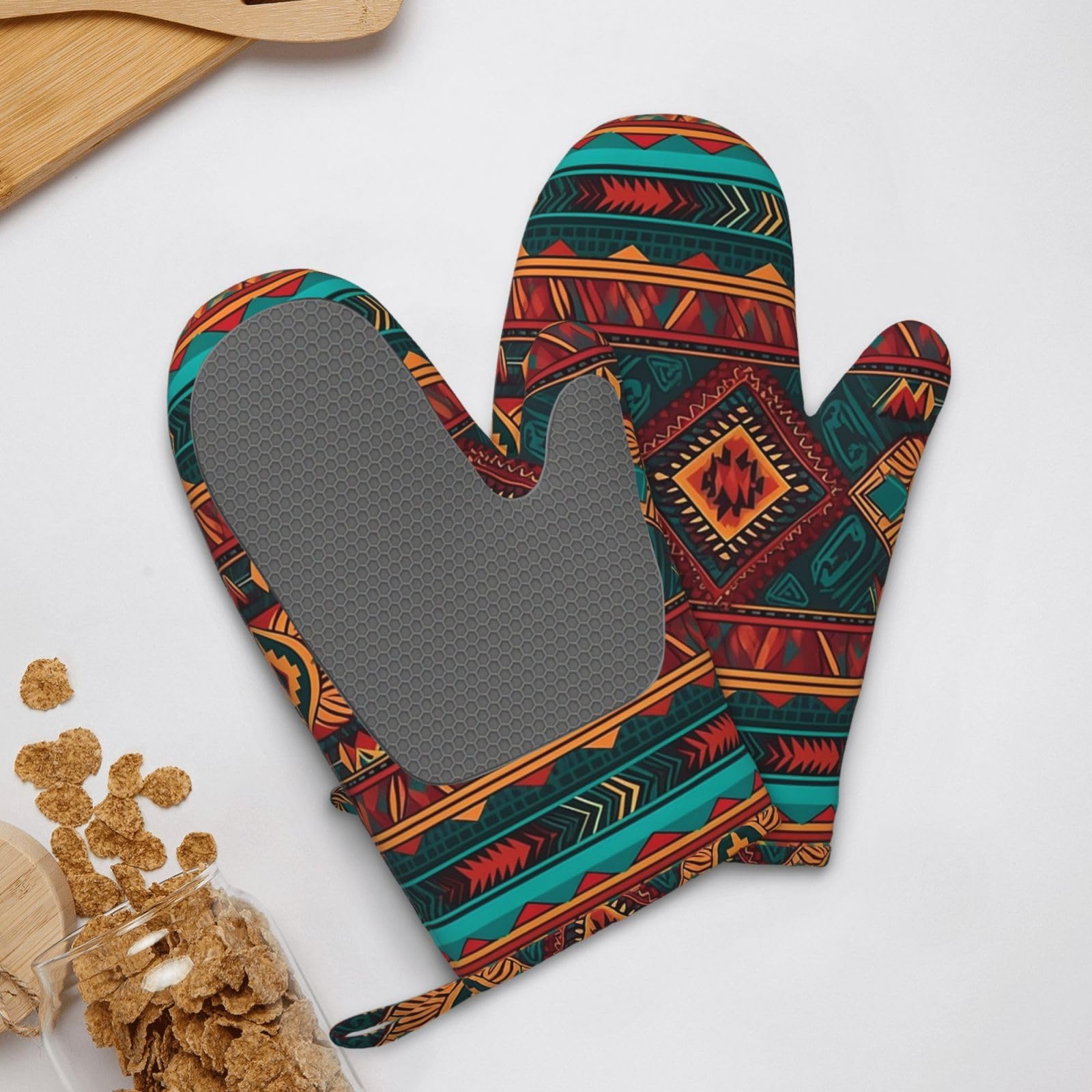 Ethnic Geometric Pattern Printed Oven Mitts Heat Resistant Oven Gloves Non-Slip Silicone Kitchen Gloves for Cooking Baking BBQ Gloves 1 Pair