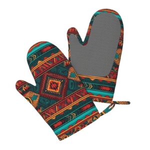 Ethnic Geometric Pattern Printed Oven Mitts Heat Resistant Oven Gloves Non-Slip Silicone Kitchen Gloves for Cooking Baking BBQ Gloves 1 Pair