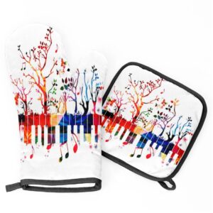 colorful tree piano keyboard music notes oven mitts and pot holders sets heat resistant non slip oven glove and insulated kitchen counter mat suitable for cooking baking grill