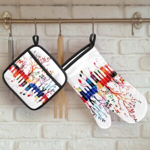 Colorful Tree Piano Keyboard Music Notes Oven Mitts and Pot Holders Sets Heat Resistant Non Slip Oven Glove and Insulated Kitchen Counter Mat Suitable for Cooking Baking Grill