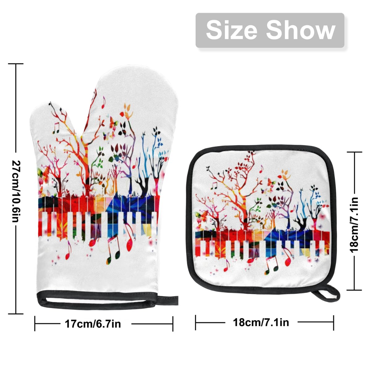 Colorful Tree Piano Keyboard Music Notes Oven Mitts and Pot Holders Sets Heat Resistant Non Slip Oven Glove and Insulated Kitchen Counter Mat Suitable for Cooking Baking Grill