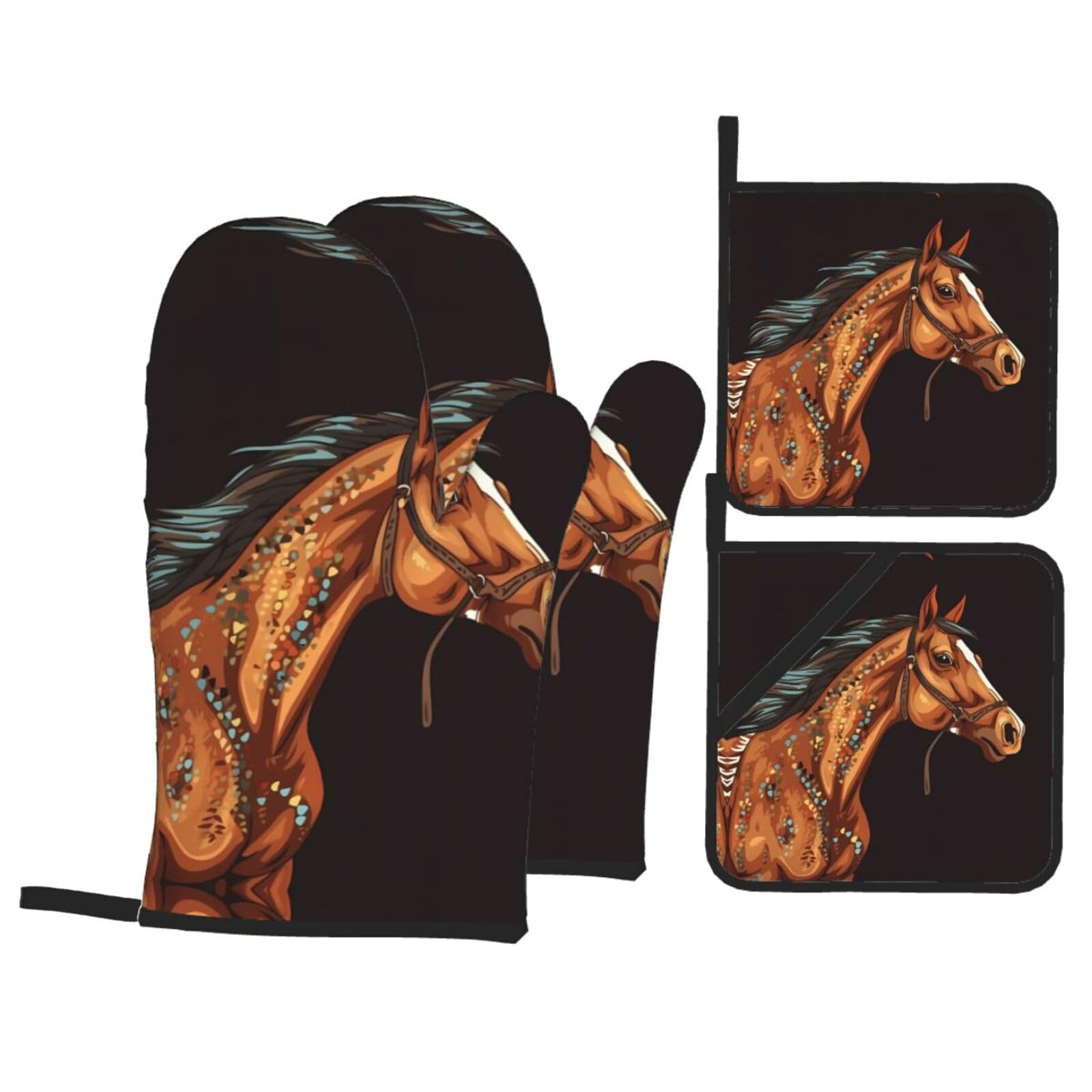 Oven Mitts and Pot Holders Set of 4 Brown Horse Print Kitchen Oven Glove Fashion Heat Resistant Oven Gloves Set for BBQ Grill Baking Cooking Oven Microwave