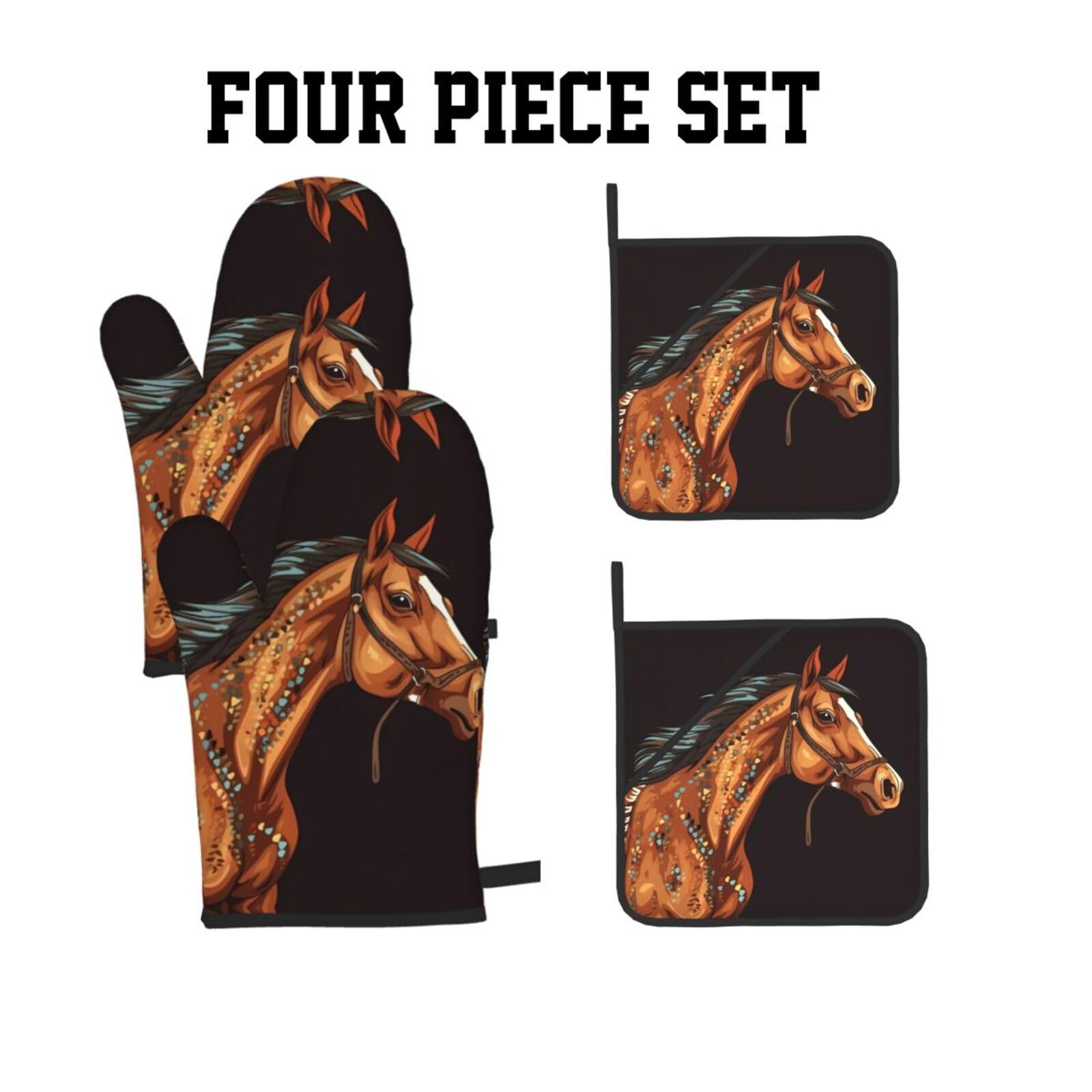 Oven Mitts and Pot Holders Set of 4 Brown Horse Print Kitchen Oven Glove Fashion Heat Resistant Oven Gloves Set for BBQ Grill Baking Cooking Oven Microwave