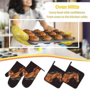 Oven Mitts and Pot Holders Set of 4 Brown Horse Print Kitchen Oven Glove Fashion Heat Resistant Oven Gloves Set for BBQ Grill Baking Cooking Oven Microwave