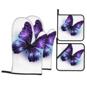 Oven Mitts and Pot Holders Set of 4 Blue Purple Butterfly Print Kitchen Oven Glove Fashion Heat Resistant Oven Gloves Set for BBQ Grill Baking Cooking Oven Microwave